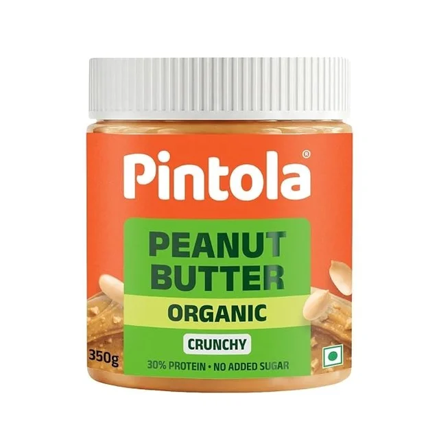 Pintola Organic Unsweetened Peanut Butter Crunchy 350g - High Protein 30g & 9g Dietary Fiber, Made with Organic Peanuts, No Added Sugar, No Preservatives