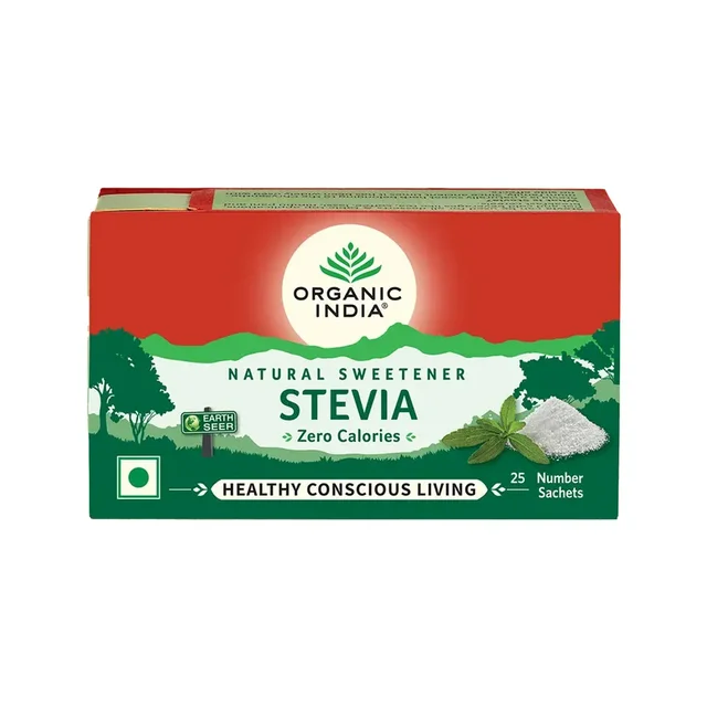 Organic India Stevia TATA Product |  25 Sachets | Plant-based natural sweetener with zero calories, sugar-free goodness and a low glycemic index