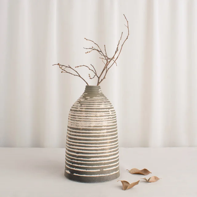 Artisan Striped Ceramic Vase in Taupe & Cream