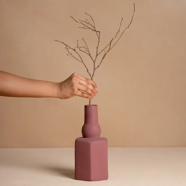Modern Two-Tier Ceramic Vase in Dusty Rose - Cardinal Pink