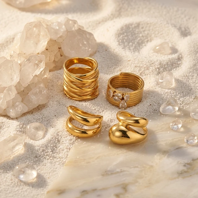 Geometric Electroplated Rings For Women In 304
Stainless Steel With 18K Real Gold Pvd Coating And
Zircon Inlay