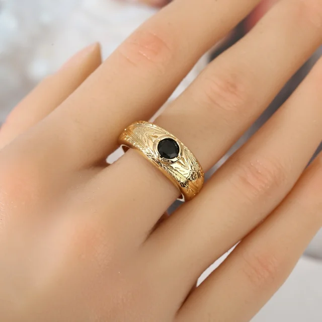 Vintage Gold Engraved Black Onyx Statement Ring