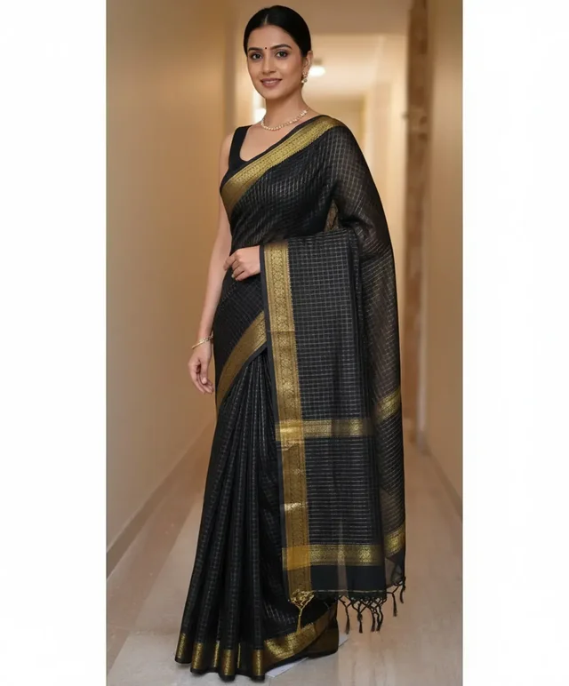 Black Kalyani Cotton Silk Full Zari Butta Saree For Women