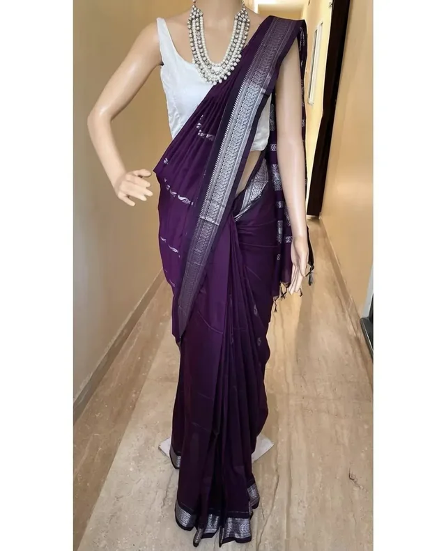 Dark Wine Kalyani Cotton Silk Silver Zari Border Saree For Women