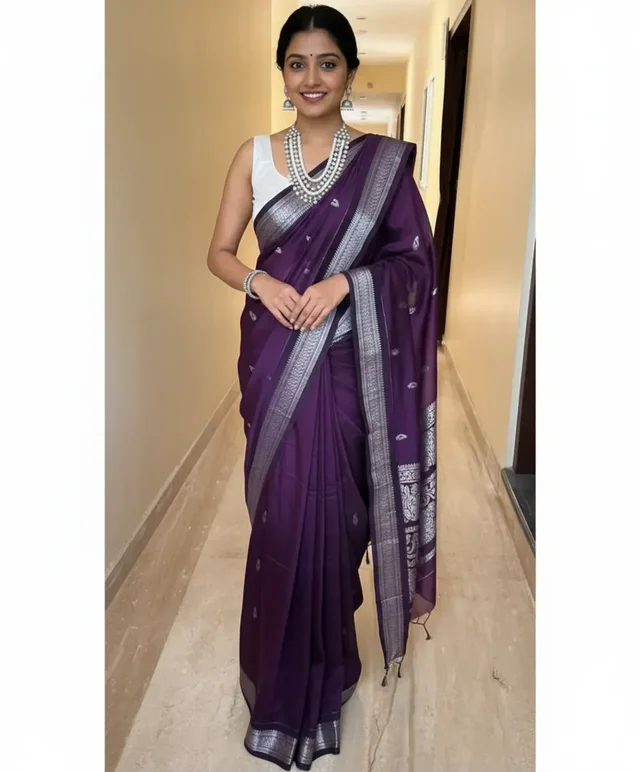 Dark Wine Kalyani Cotton Silk Silver Zari Border Saree For Women