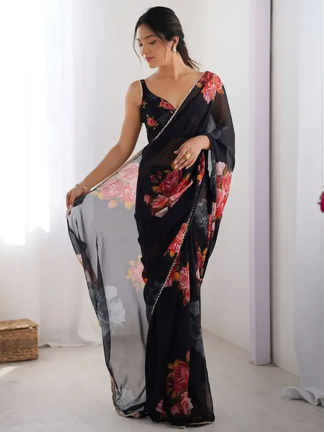 Black Color Georgette Saree With Printed Work And Moti Border