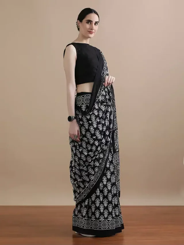 Black Pure Mulmul Cotton Bagru Hand Block Printed Work Saree For Women