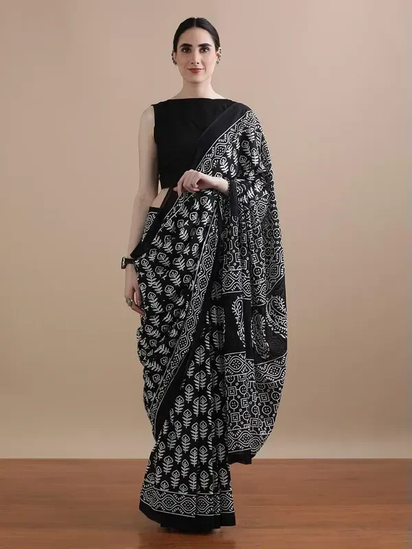 Black Pure Mulmul Cotton Bagru Hand Block Printed Work Saree For Women