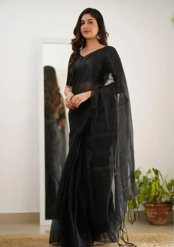 Black Tissue Silk Embellished Look Saree For Women