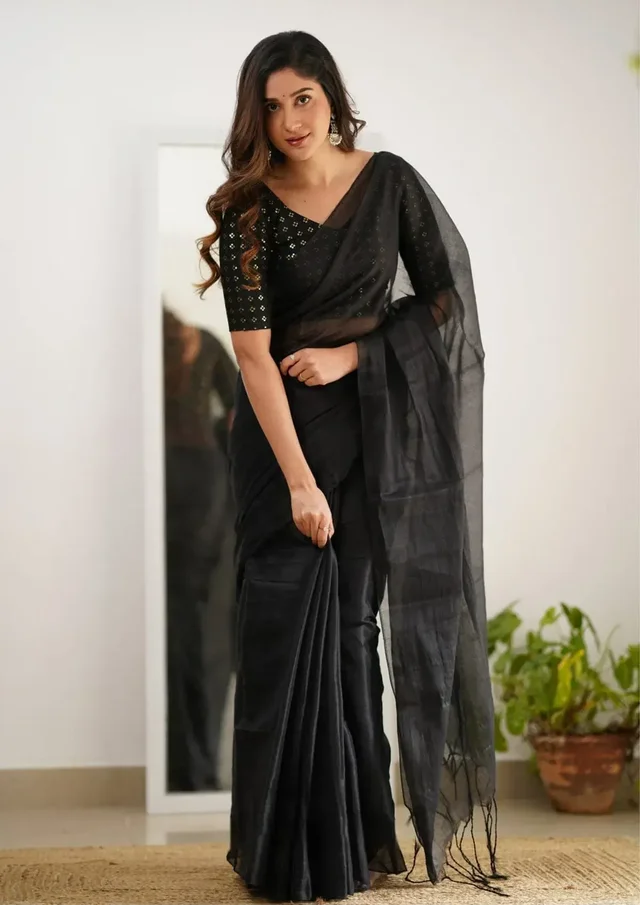 Black Tissue Silk Embellished Look Saree For Women