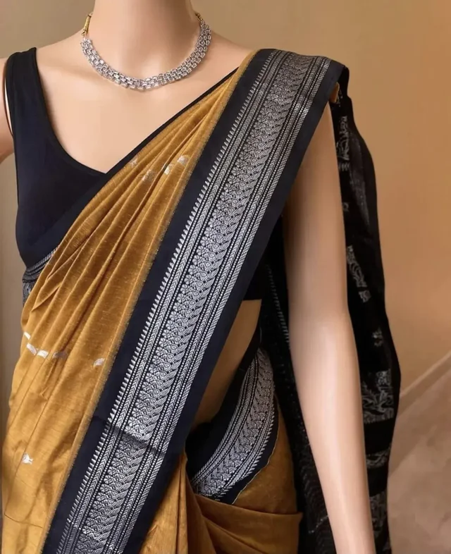 Black And Golden Kalyani Cotton Silk Printed Saree For Women