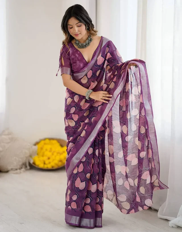Magenta color Linen cotton Saree with flower digital print