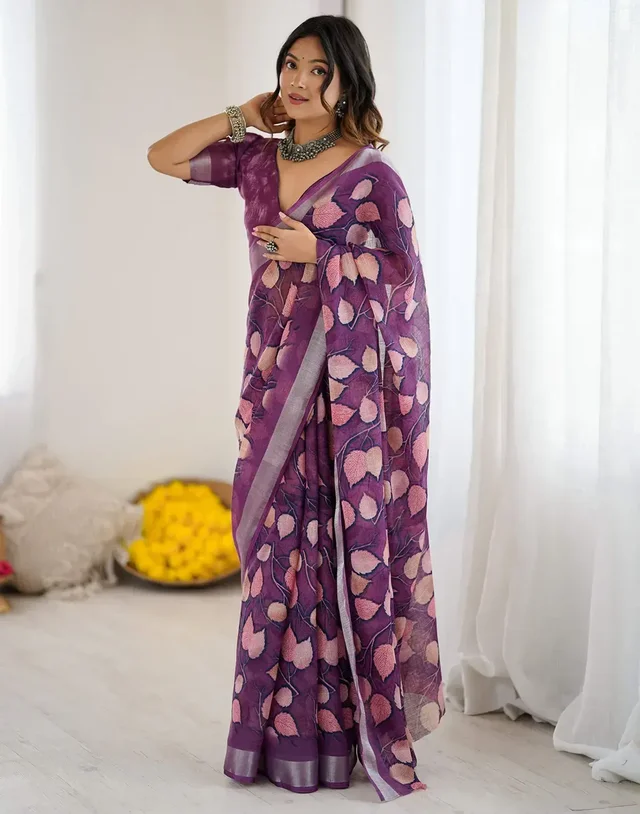 Magenta color Linen cotton Saree with flower digital print