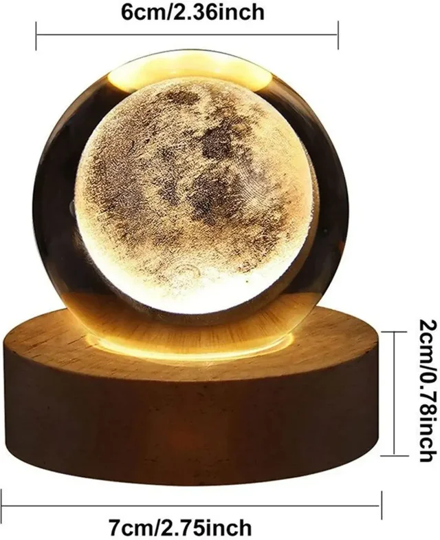3D Crystal Ball Night Lamp with Wooden Base – Solar System Crystal Globe Lamp, 6 cm Decorative LED Light