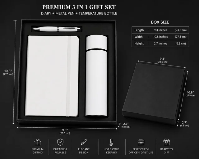 3-in-1 Corporate Gift Set | A5 PU Leather Diary, Metal Pen & Smart Temperature Display Bottle