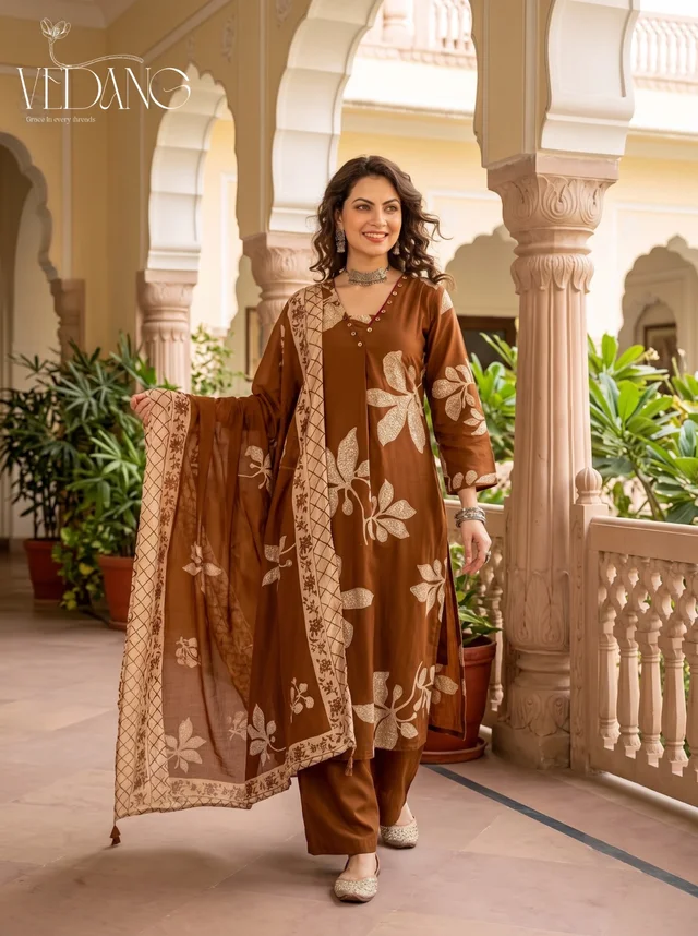 Rust Meadow Brown Floral Kurta Set