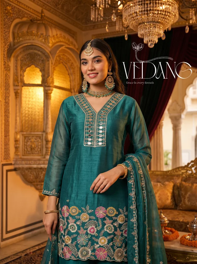 Kalyani Dark Teal 3 piece Ethnic Sharara suit set