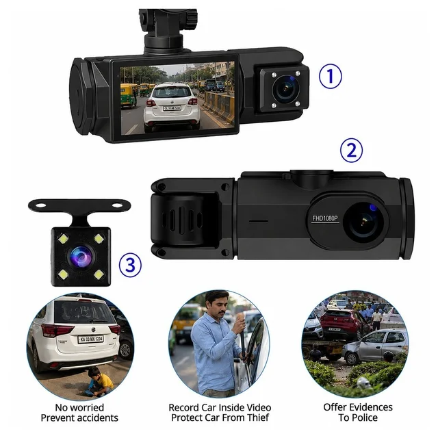 S-2 ULTRA 3-Lens Dash Cam — 1080p Full HD, Front + Cabin + Rear