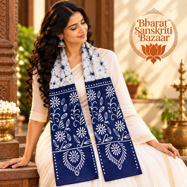 Blue & White Batik Printed Pure Cotton Uttorio | Shantiniketan Cotton Batik Uttorio | Traditional Bengali Batik Stole | Handcrafted Uttariya for Men & Women