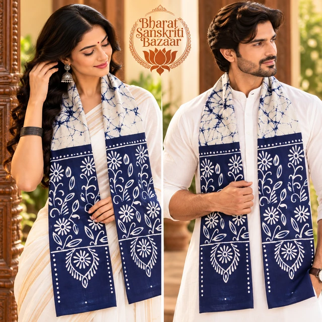 Blue & White Batik Printed Pure Cotton Uttorio | Shantiniketan Cotton Batik Uttorio | Traditional Bengali Batik Stole | Handcrafted Uttariya for Men & Women