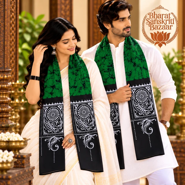 Traditional Green & Black Batik Cotton Uttorio | Shantiniketan Cotton Batik Uttorio | Traditional Bengali Batik Stole | Handcrafted Uttariya for Men & Women