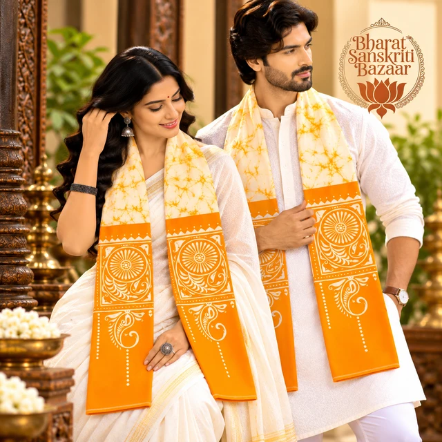 Traditional White & Yellow Batik Cotton Uttorio | Shantiniketan Cotton Batik Uttorio | Traditional Bengali Batik Stole | Handcrafted Uttariya for Men & Women
