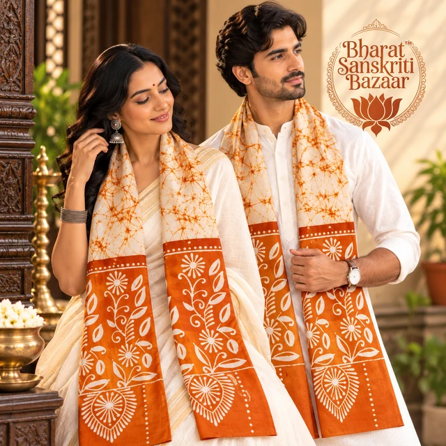 Off White & Orange Batik Printed Pure Cotton Uttorio | Shantiniketan Cotton Batik Uttorio | Traditional Bengali Batik Stole | Handcrafted Uttariya for Men & Women