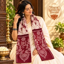 Maroon & White Batik Printed Pure Cotton Uttorio | Shantiniketan Cotton Batik Uttorio | Traditional Bengali Batik Stole | Handcrafted Uttariya for Men & Women