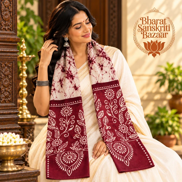 Maroon & White Batik Printed Pure Cotton Uttorio | Shantiniketan Cotton Batik Uttorio | Traditional Bengali Batik Stole | Handcrafted Uttariya for Men & Women