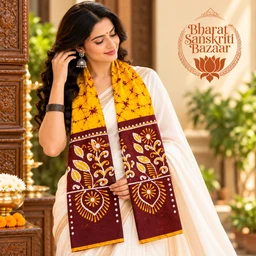 Orange & Brown Batik Printed Pure Cotton Uttorio | Shantiniketan Cotton Batik Uttorio | Traditional Bengali Batik Stole | Handcrafted Uttariya for Men & Women