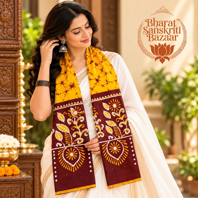 Orange & Brown Batik Printed Pure Cotton Uttorio | Shantiniketan Cotton Batik Uttorio | Traditional Bengali Batik Stole | Handcrafted Uttariya for Men & Women