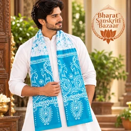 Phiroza & White Batik Printed Pure Cotton Uttorio | Shantiniketan Cotton Batik Uttorio | Traditional Bengali Batik Stole | Handcrafted Uttariya for Men & Women
