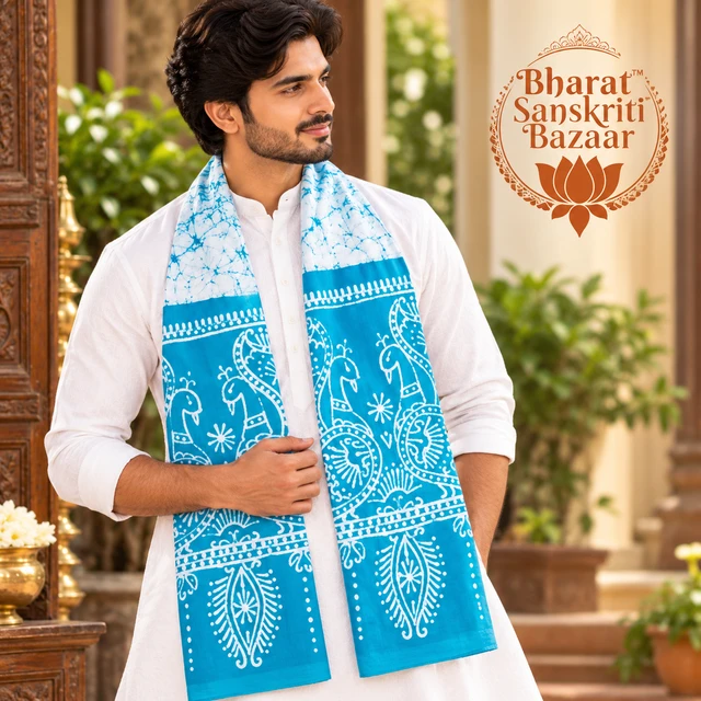 Phiroza & White Batik Printed Pure Cotton Uttorio | Shantiniketan Cotton Batik Uttorio | Traditional Bengali Batik Stole | Handcrafted Uttariya for Men & Women