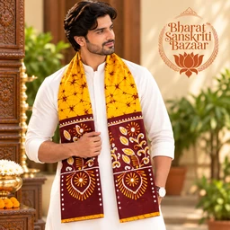 Orange & Brown Batik Printed Pure Cotton Uttorio | Shantiniketan Cotton Batik Uttorio | Traditional Bengali Batik Stole | Handcrafted Uttariya for Men & Women