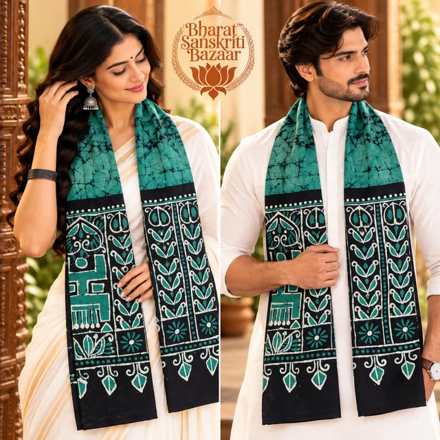 Dark Green & N-Blue Batik Printed Pure Cotton Uttorio | Shantiniketan Cotton Batik Uttorio | Traditional Bengali Batik Stole | Handcrafted Uttariya for Men & Women