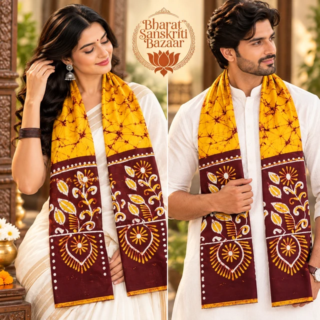 Orange & Brown Batik Printed Pure Cotton Uttorio | Shantiniketan Cotton Batik Uttorio | Traditional Bengali Batik Stole | Handcrafted Uttariya for Men & Women