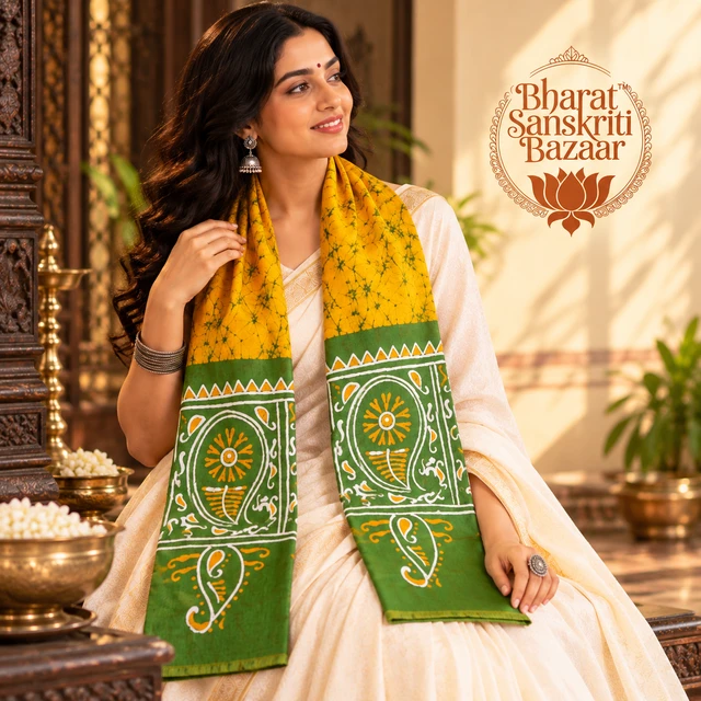 Yellow & Green Batik Printed Pure Cotton Uttorio | Shantiniketan Cotton Batik Uttorio | Traditional Bengali Batik Stole | Handcrafted Uttariya for Men & Women