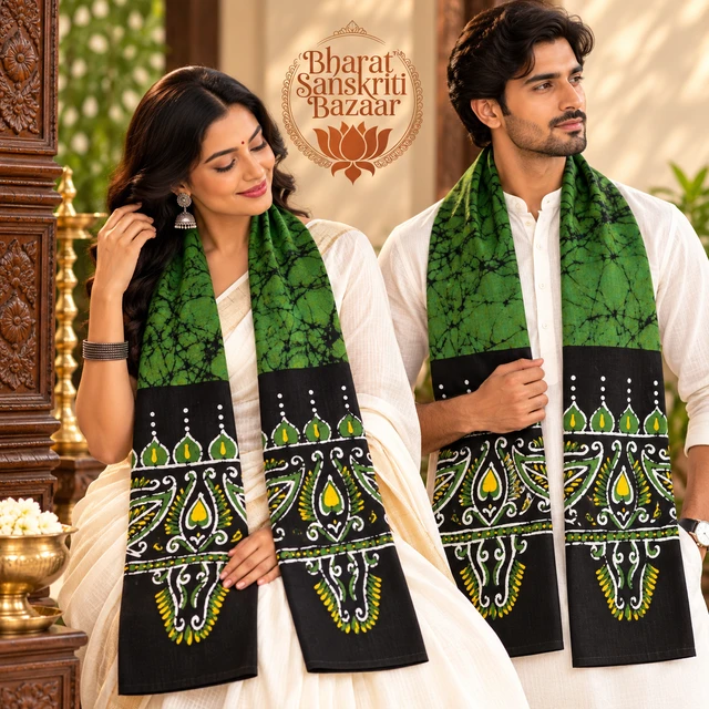Green & Black Batik Printed Pure Cotton Uttorio | Shantiniketan Cotton Batik Uttorio | Traditional Bengali Batik Stole | Handcrafted Uttariya for Men & Women