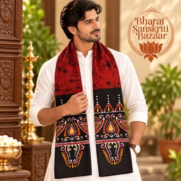 Red & Black Batik Printed Pure Cotton Uttorio | Shantiniketan Cotton Batik Uttorio | Traditional Bengali Batik Stole | Handcrafted Uttariya for Men & Women