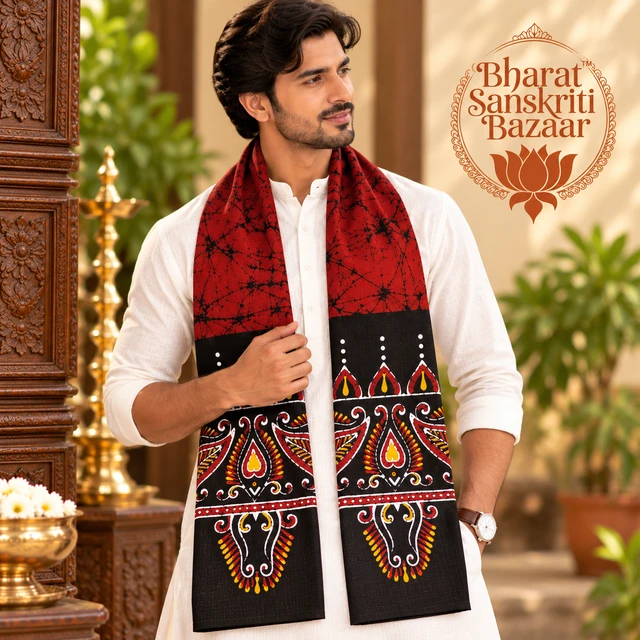 Red & Black Batik Printed Pure Cotton Uttorio | Shantiniketan Cotton Batik Uttorio | Traditional Bengali Batik Stole | Handcrafted Uttariya for Men & Women