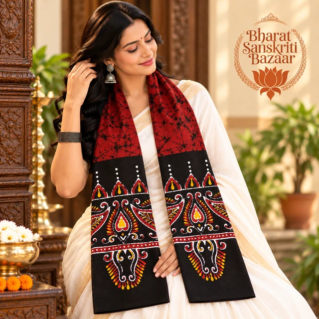Red & Black Batik Printed Pure Cotton Uttorio | Shantiniketan Cotton Batik Uttorio | Traditional Bengali Batik Stole | Handcrafted Uttariya for Men & Women