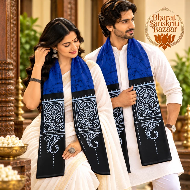 Traditional Blue & Black Batik Cotton Uttorio | Shantiniketan Cotton Batik Uttorio | Traditional Bengali Batik Stole | Handcrafted Uttariya for Men & Women
