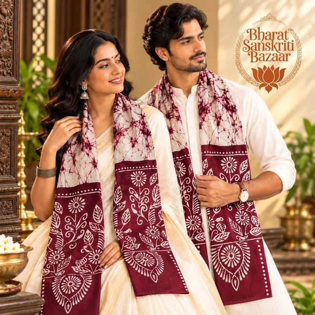 Maroon & White Batik Printed Pure Cotton Uttorio | Shantiniketan Cotton Batik Uttorio | Traditional Bengali Batik Stole | Handcrafted Uttariya for Men & Women