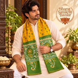 Yellow & Green Batik Printed Pure Cotton Uttorio | Shantiniketan Cotton Batik Uttorio | Traditional Bengali Batik Stole | Handcrafted Uttariya for Men & Women