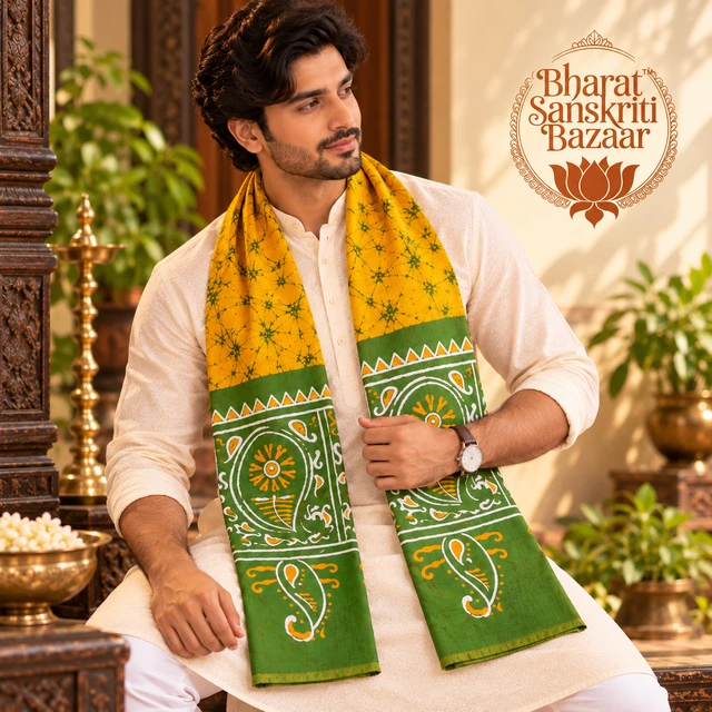 Yellow & Green Batik Printed Pure Cotton Uttorio | Shantiniketan Cotton Batik Uttorio | Traditional Bengali Batik Stole | Handcrafted Uttariya for Men & Women