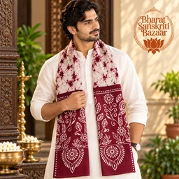 Maroon & White Batik Printed Pure Cotton Uttorio | Shantiniketan Cotton Batik Uttorio | Traditional Bengali Batik Stole | Handcrafted Uttariya for Men & Women