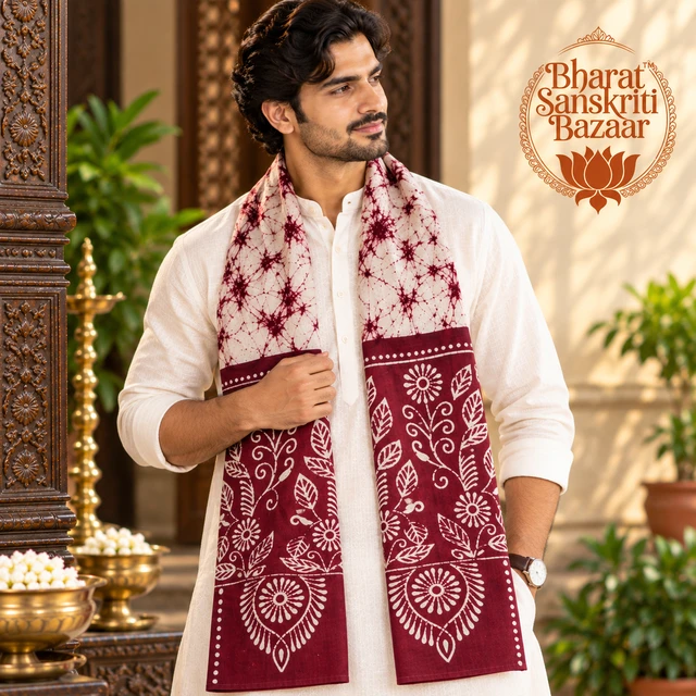 Maroon & White Batik Printed Pure Cotton Uttorio | Shantiniketan Cotton Batik Uttorio | Traditional Bengali Batik Stole | Handcrafted Uttariya for Men & Women