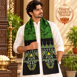 Green & Black Batik Printed Pure Cotton Uttorio | Shantiniketan Cotton Batik Uttorio | Traditional Bengali Batik Stole | Handcrafted Uttariya for Men & Women