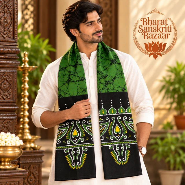 Green & Black Batik Printed Pure Cotton Uttorio | Shantiniketan Cotton Batik Uttorio | Traditional Bengali Batik Stole | Handcrafted Uttariya for Men & Women