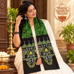 Green & Black Batik Printed Pure Cotton Uttorio | Shantiniketan Cotton Batik Uttorio | Traditional Bengali Batik Stole | Handcrafted Uttariya for Men & Women